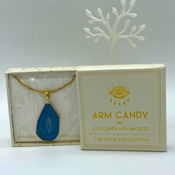 SALE Eye Candy LA Agate Slice Gold Tone Necklace NWT - Picture 2 of 4